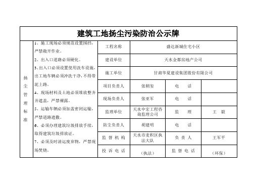 建筑工地扬尘污染防治公示牌