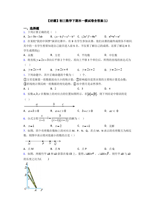 【好题】初三数学下期末一模试卷含答案(1)