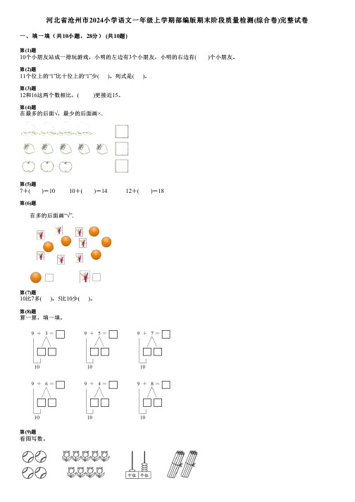 河北省沧州市2024小学语文一年级上学期部编版期末阶段质量检测(综合卷)完整试卷