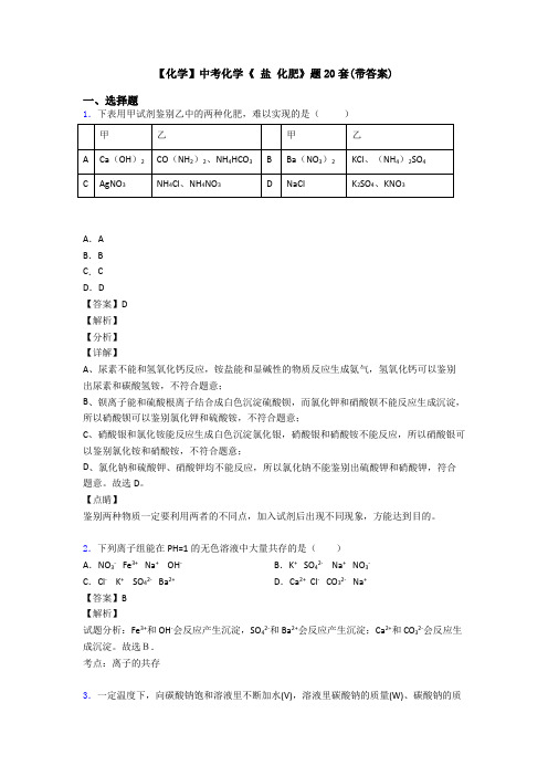 【化学】中考化学《 盐 化肥》题20套(带答案)