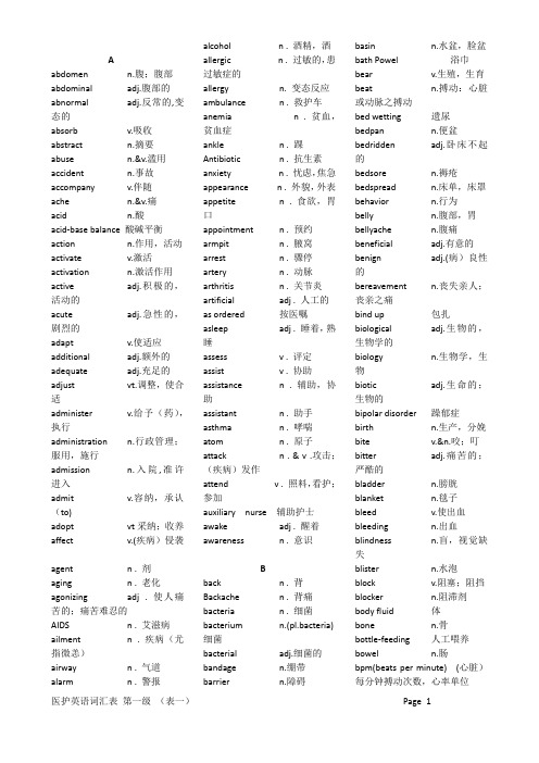 医护英语一级词汇表(一)