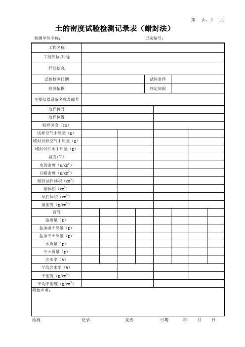 土的密度试验检测记录表(蜡封法)