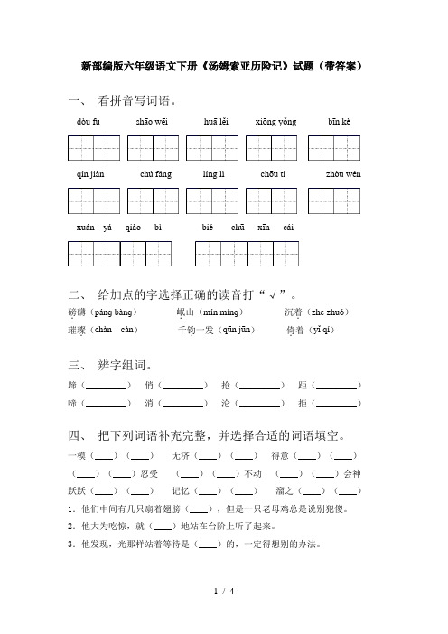 新部编版六年级语文下册《汤姆索亚历险记》试题(带答案)