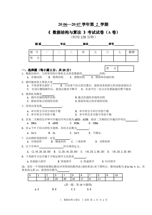 2006-2007第2学期数据结构与算法试卷(A卷)