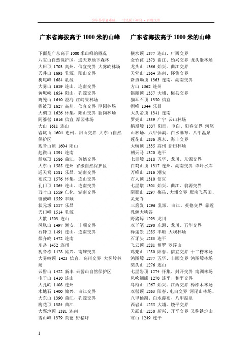 广东省海拔高于1000的山峰