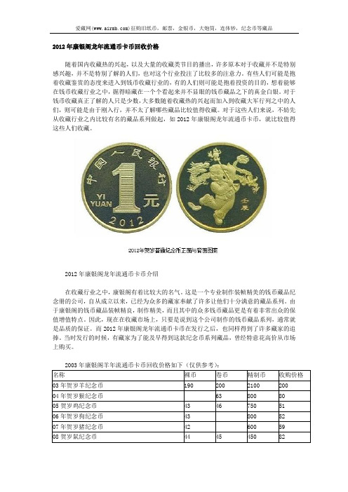 2012年康银阁龙年流通币卡币回收价格