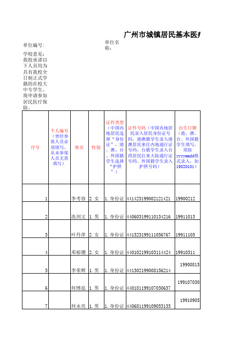 (国贸1班)基本医疗保险参保缴费申报表