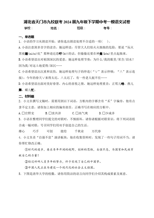 湖北省天门市九校联考2024届九年级下学期中考一模语文试卷(含答案)