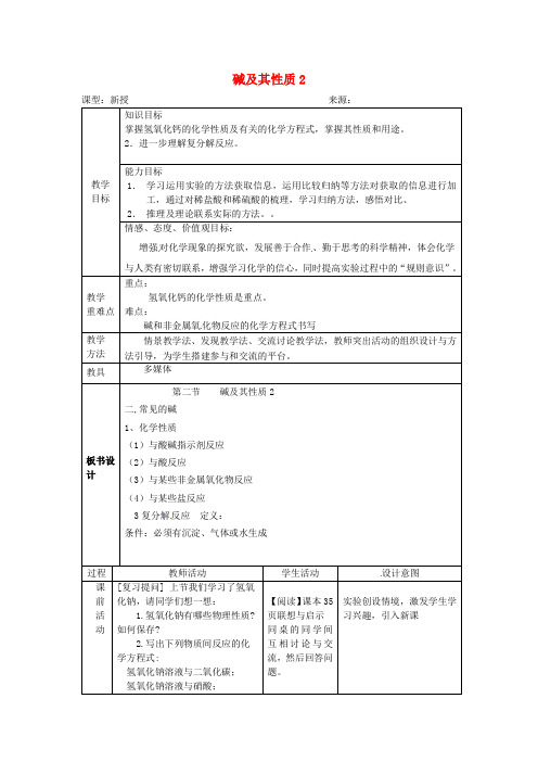 山东省莱州市沙河镇九年级化学全册 第二单元 常见的酸和碱 第二节 碱及其性质教案2 鲁教版五四制