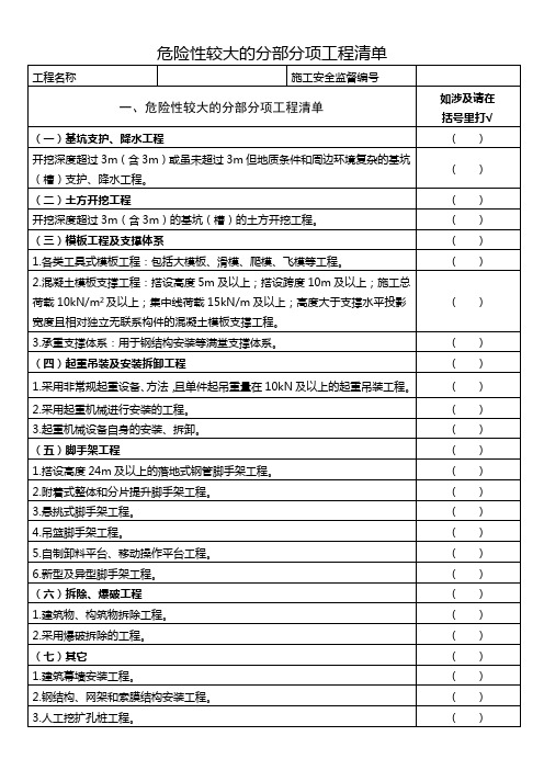 危险性较大的分部分项工程清单