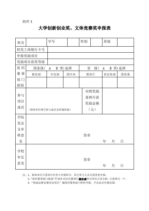 大学创新创业奖、文体竞赛奖申报表