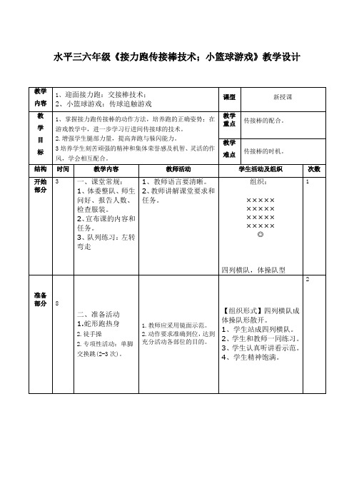 接力跑传接棒技术;小篮球游戏(教案)人教版体育六年级上册