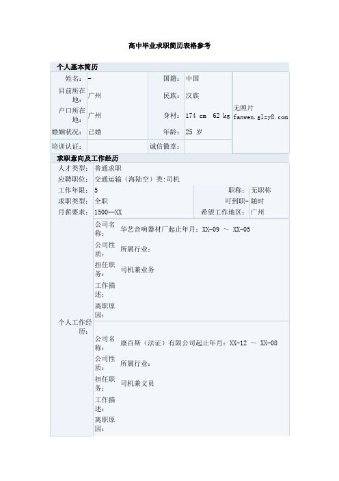 高中毕业求职简历表格参考