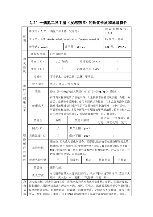 2危险化学品2,2′-偶氮二异丁腈(发泡剂N)的理化性质及危险特性表MSDS