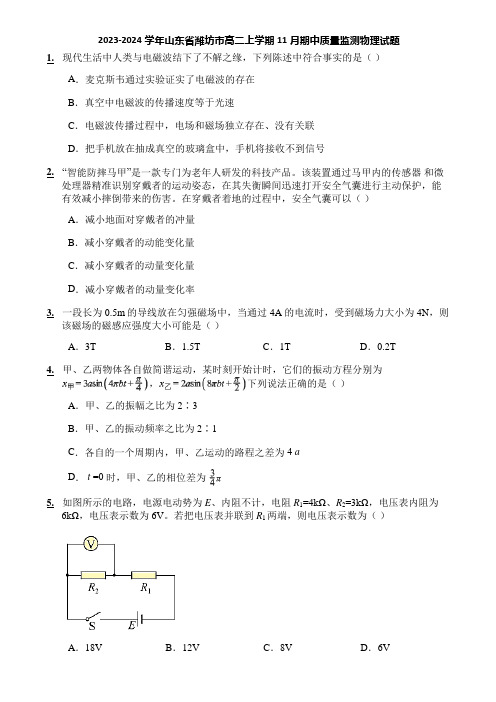 2023-2024学年山东省潍坊市高二上学期11月期中质量监测物理试题