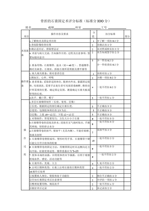 骨折的石膏固定术技术操作考核评分标准