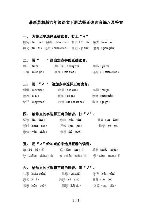 最新苏教版六年级语文下册选择正确读音练习及答案