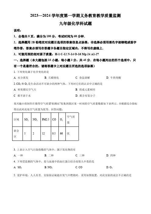 广东省江门市新会区2023-2024学年九年级上学期期末考试化学试题(解析版)