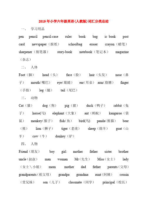 (小学教育)2019年小学六年级英语(人教版)词汇分类总结