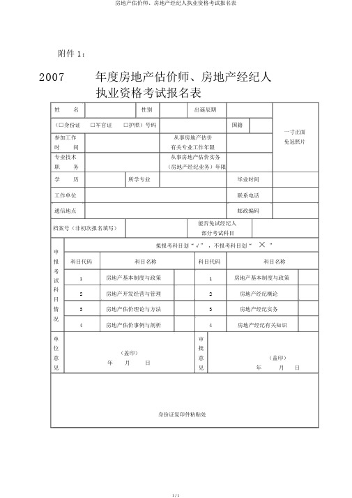 房地产估价师、房地产经纪人执业资格考试报名表