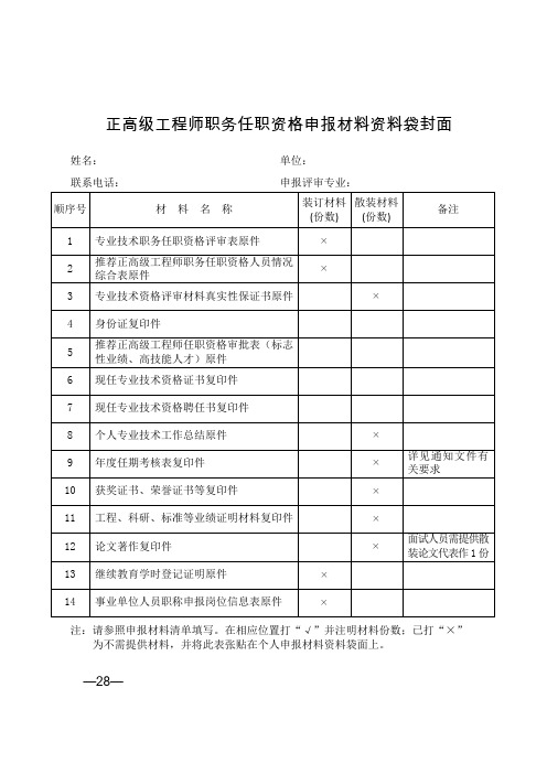 正高级工程师职务任职资格申报材料资料袋封面【模板】