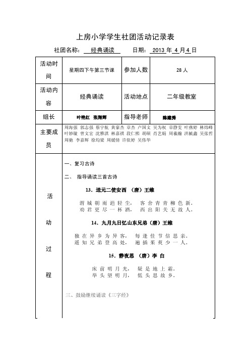 经典诵读社团活动记录表