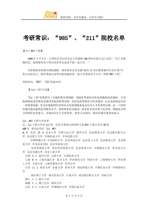 考研常识：“985”、“211”院校名单