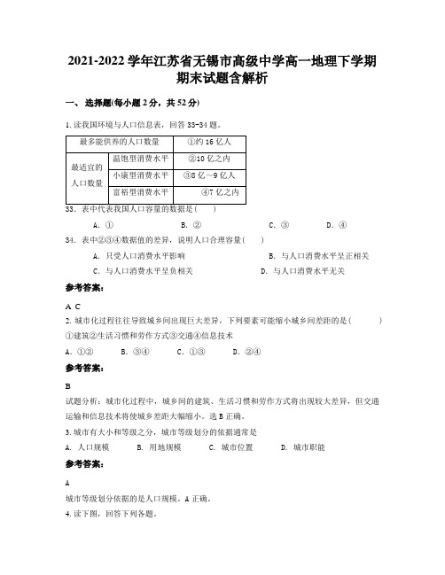 2021-2022学年江苏省无锡市髙级中学高一地理下学期期末试题含解析