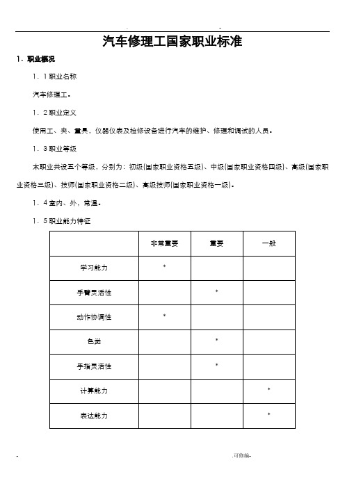 汽车修理工国家职业技能鉴定标准