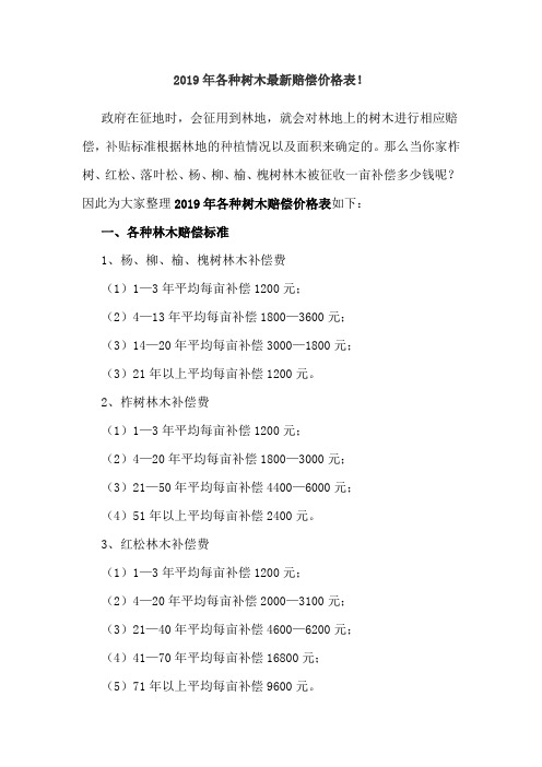 2019年各种树木最新赔偿价格表