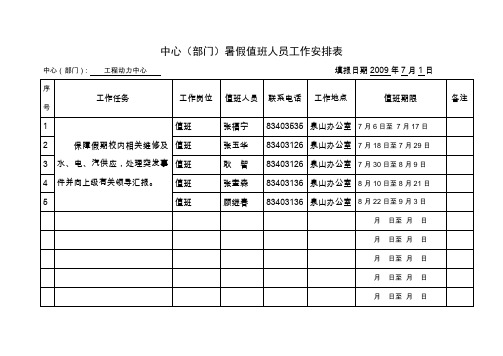 中心部门暑假值班人员工作安排表