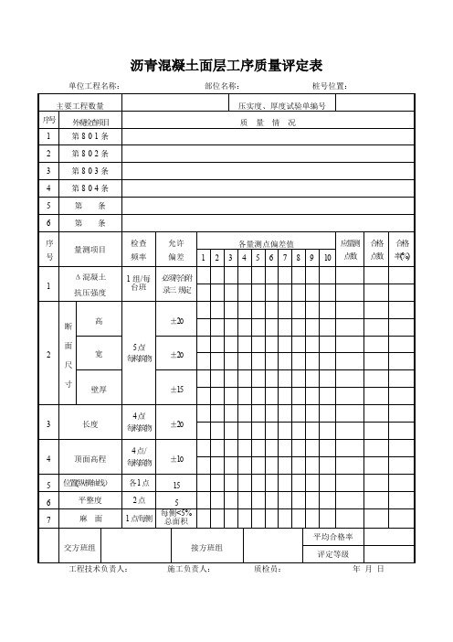 沥青混凝土面层工序质量评定表