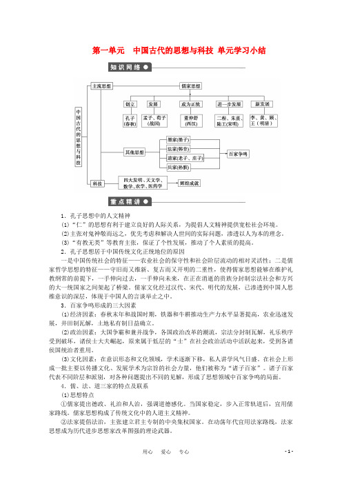 —学年高中历史第1单元中国古代的思想与科技单元学习小结同步教学案岳麓版必修3