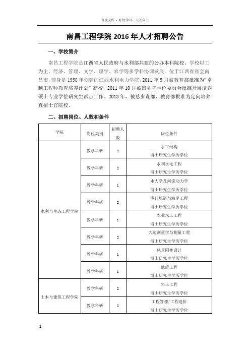 南昌工程学院2016年人才招聘公告