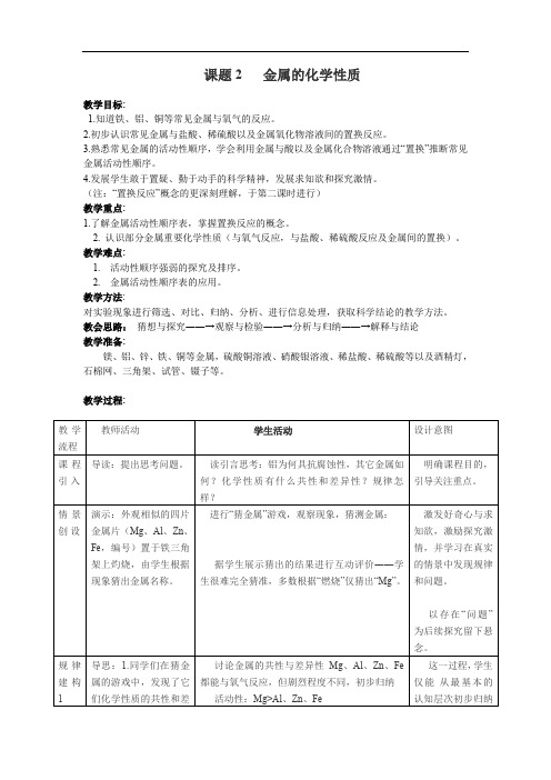 人教版初三化学下册金属的化学性质第一课时教案