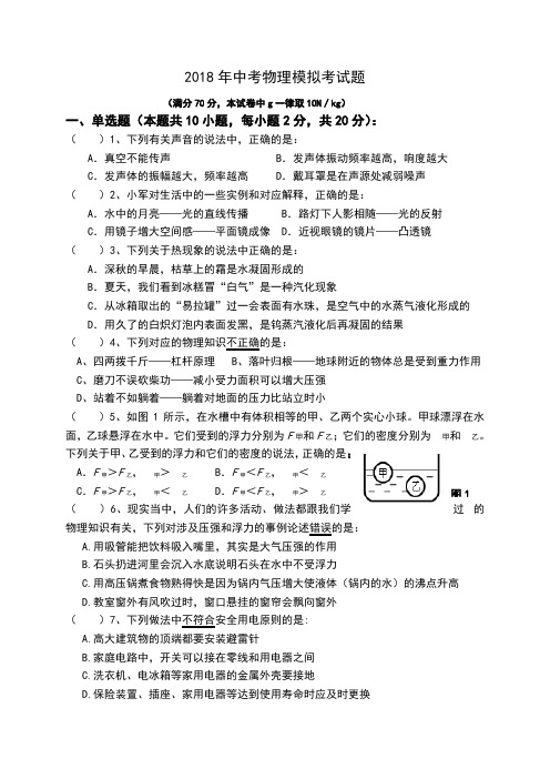 2018年中考物理模拟考试题