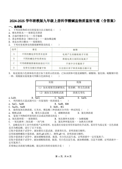 2024-2025学年浙教版九年级上册科学酸碱盐物质鉴别专题(含答案)