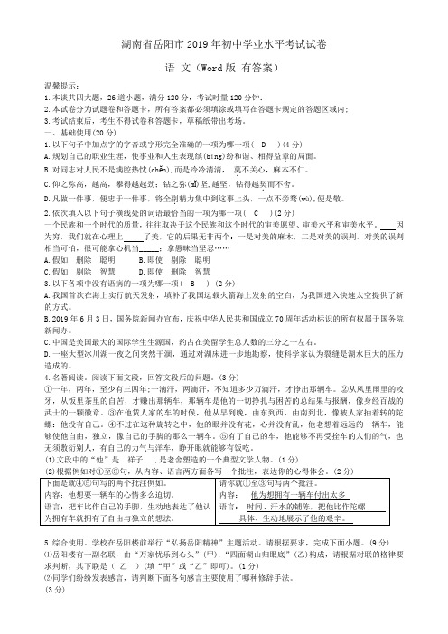 2019年湖南省岳阳市中考语文试题(Word 有答案)