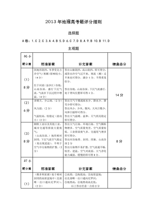 2013年高考地理试题评分细则(全国卷1)