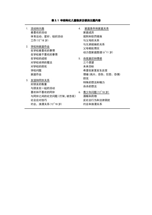 表3.1 半结构化儿童临床访谈的主题内容