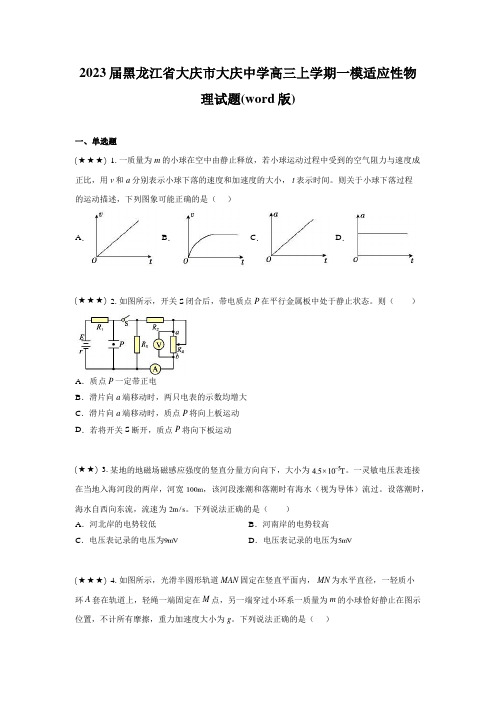 2023届黑龙江省大庆市大庆中学高三上学期一模适应性物理试题(word版)