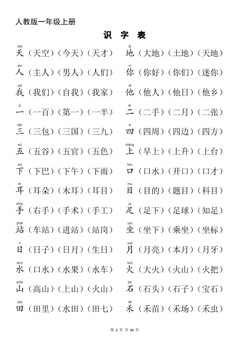 人教版一年级上册生字组词汇总(认读词语)