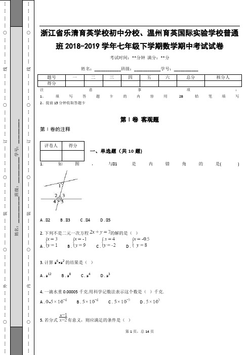 _浙江省乐清育英学校2018-2019学年七年级下学期数学期中考试卷(含答案解析)