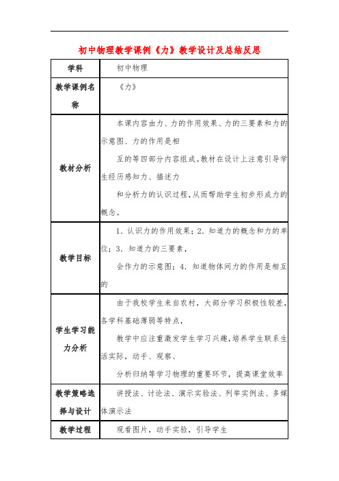 初中物理教学课例《力》课程思政核心素养教学设计及总结反思