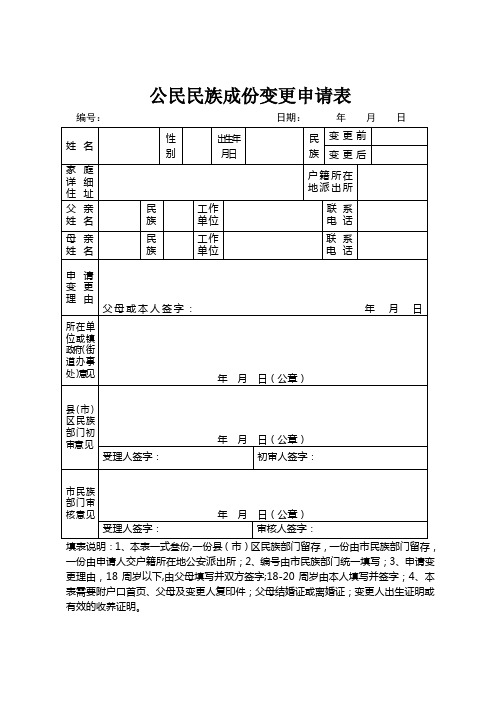 公民民族成份变更申请表