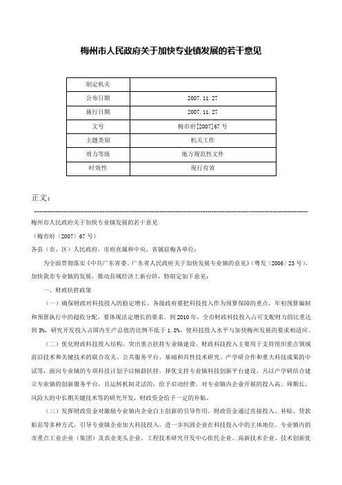 梅州市人民政府关于加快专业镇发展的若干意见-梅市府[2007]67号