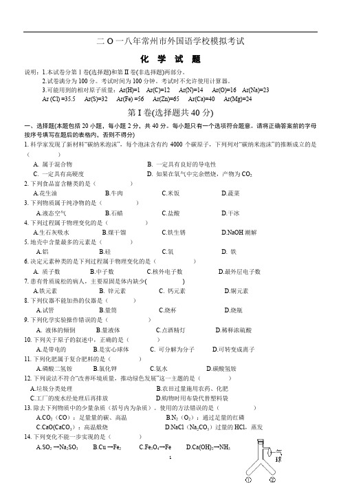 2018年江苏省常州市外国语学校模拟考试