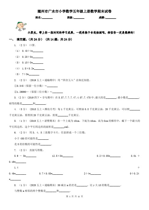 随州市广水市小学数学五年级上册数学期末试卷