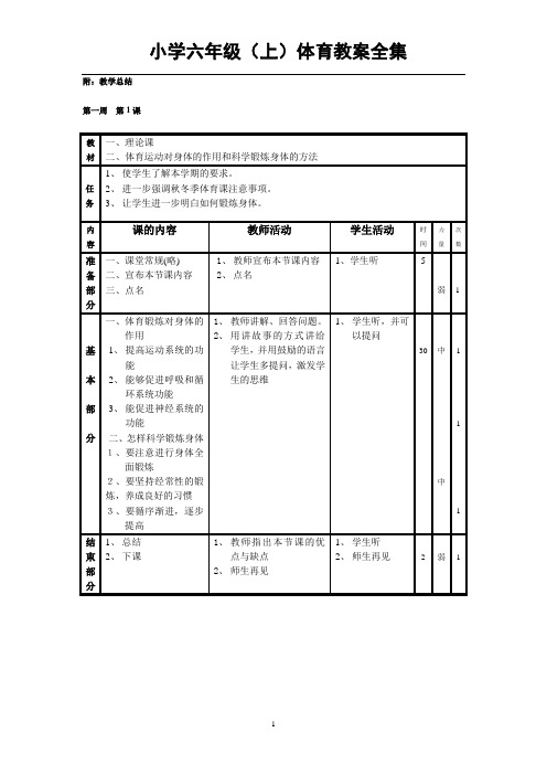 小学六年级(上)体育教案全集