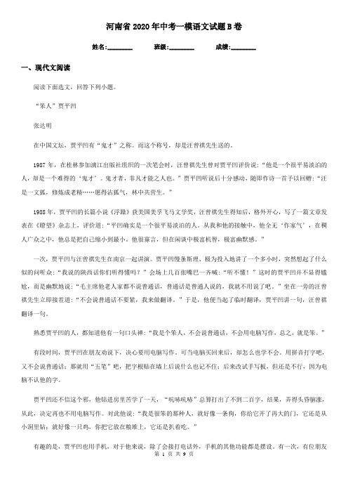 河南省2020年中考一模语文试题B卷